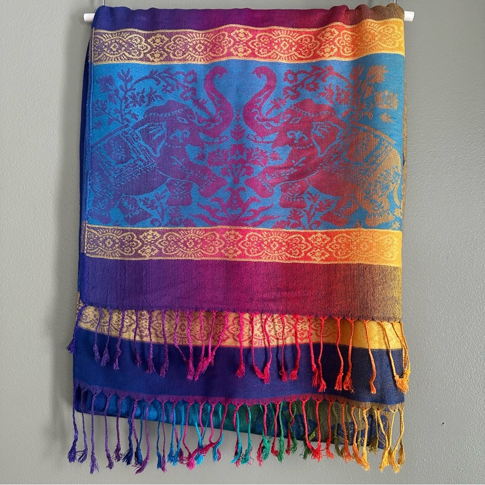 Genuine Pashmina Multicolor Elephant Animal Print Fringe Scarf